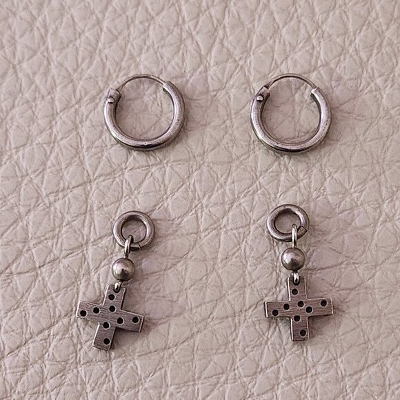 Pewter Hoop Earrings with Dangling Cross Charm - Picture 2 of 2